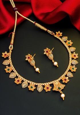 Gold Toned Pink And Green Stone Studded And Beaded Meenakari Jewellery Set