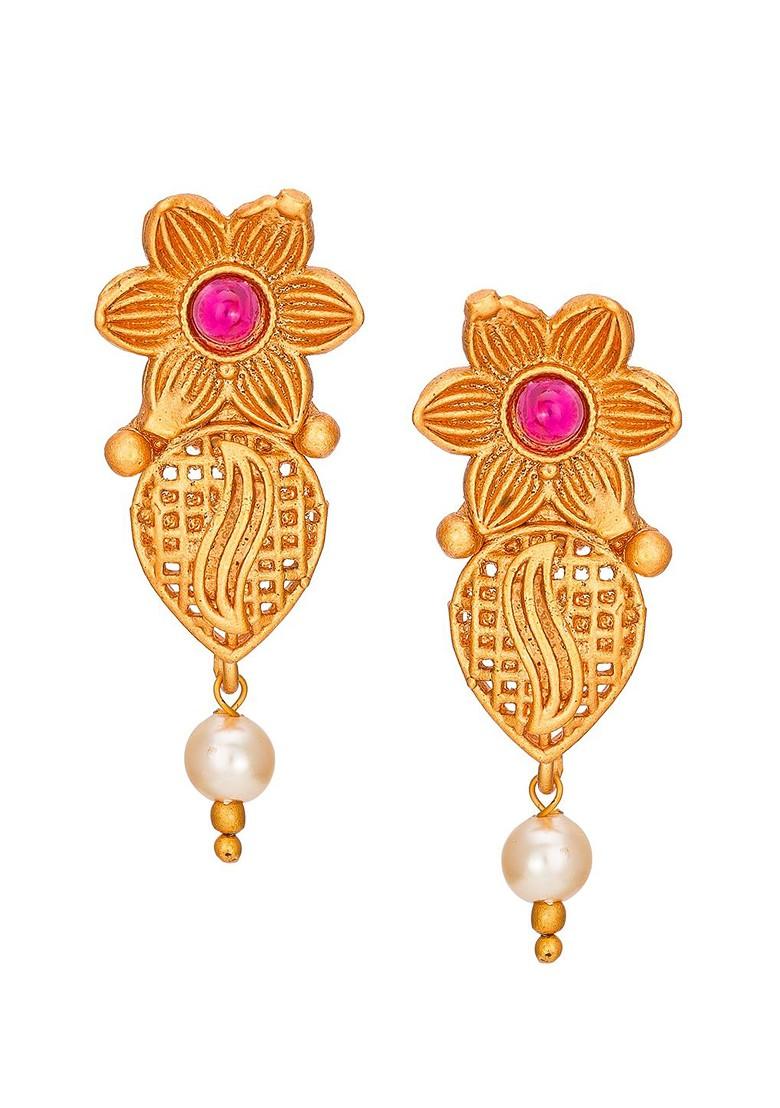 Gold Toned Pink And Green Stone Studded And Beaded Meenakari Jewellery Set