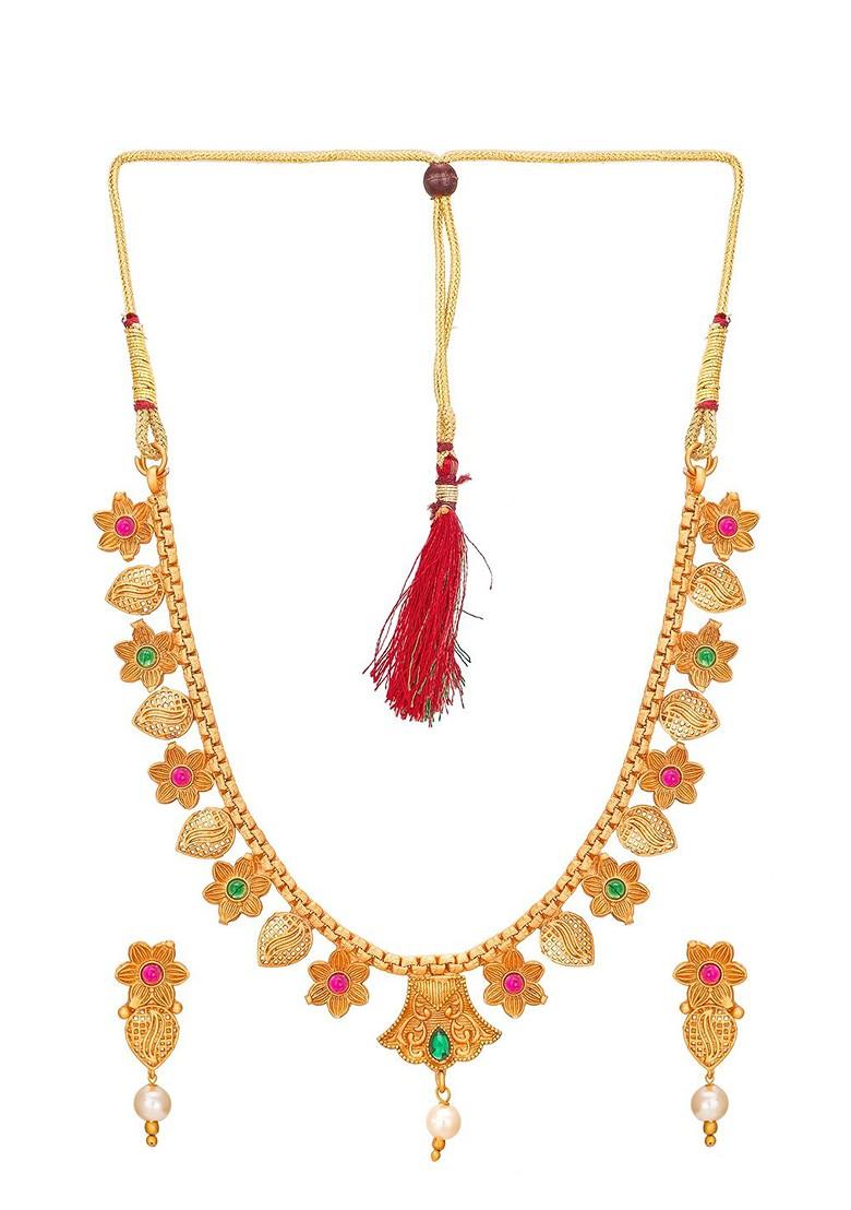 Gold Toned Pink And Green Stone Studded And Beaded Meenakari Jewellery Set