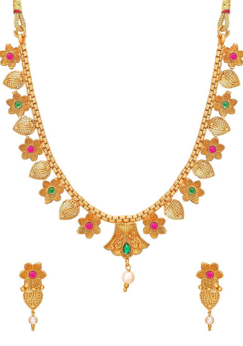 Gold Toned Pink And Green Stone Studded And Beaded Meenakari Jewellery Set
