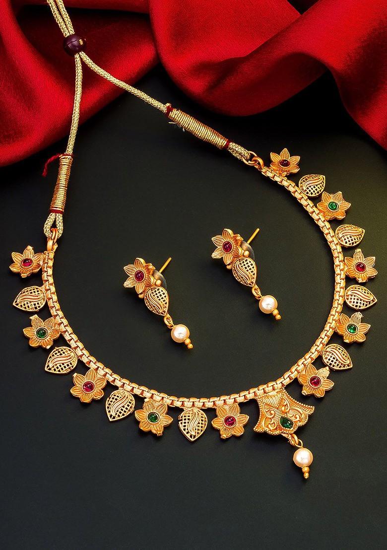 Gold Toned Pink And Green Stone Studded And Beaded Meenakari Jewellery Set