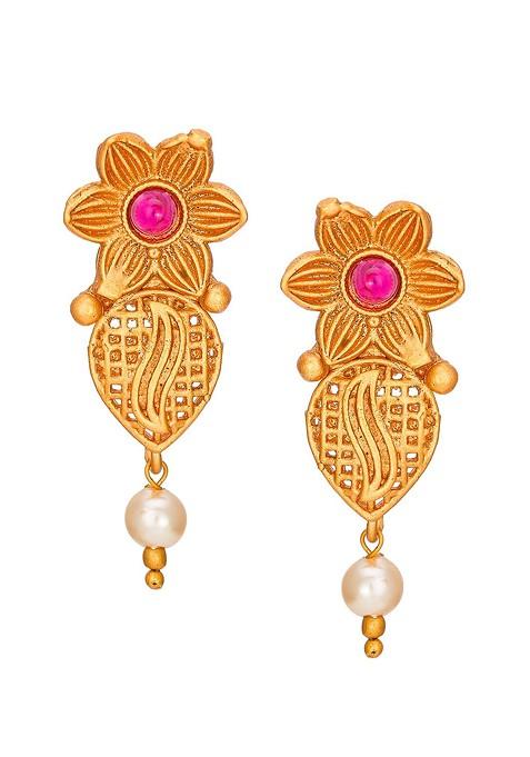 Gold Toned Pink And Green Stone Studded And Beaded Meenakari Jewellery Set