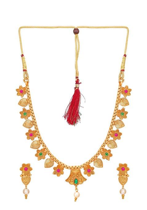 Gold Toned Pink And Green Stone Studded And Beaded Meenakari Jewellery Set