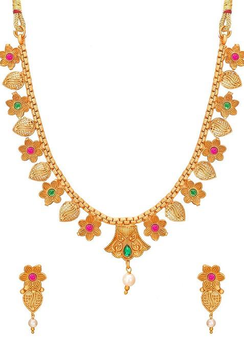 Gold Toned Pink And Green Stone Studded And Beaded Meenakari Jewellery Set