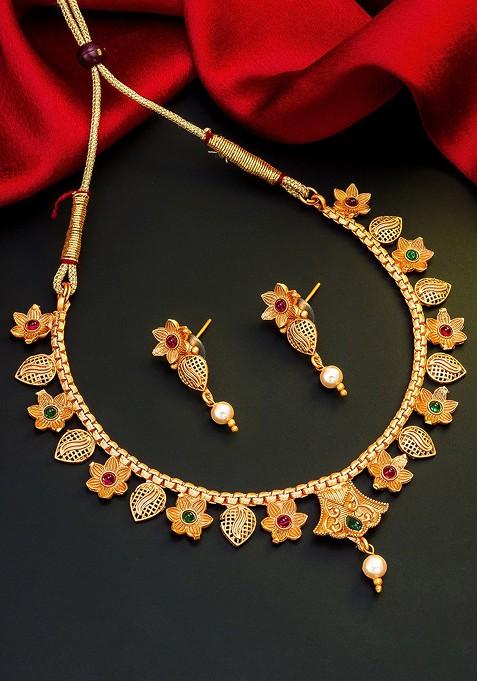 Gold Toned Pink And Green Stone Studded And Beaded Meenakari Jewellery Set