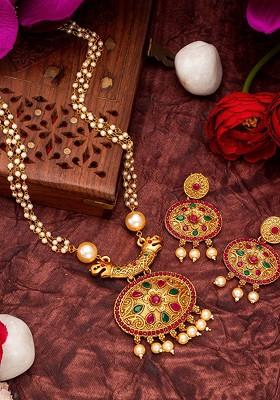 Women Gold Plated Pink And Green Stone Studded Pearls Beaded Temple Jewellery Set
