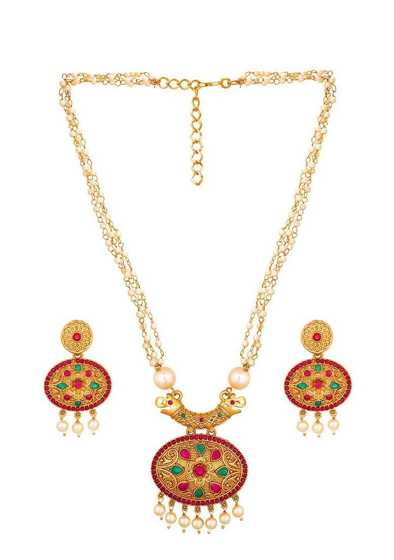 Women Gold Plated Pink And Green Stone Studded Pearls Beaded Temple Jewellery Set