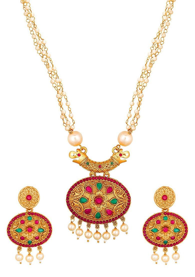 Women Gold Plated Pink And Green Stone Studded Pearls Beaded Temple Jewellery Set