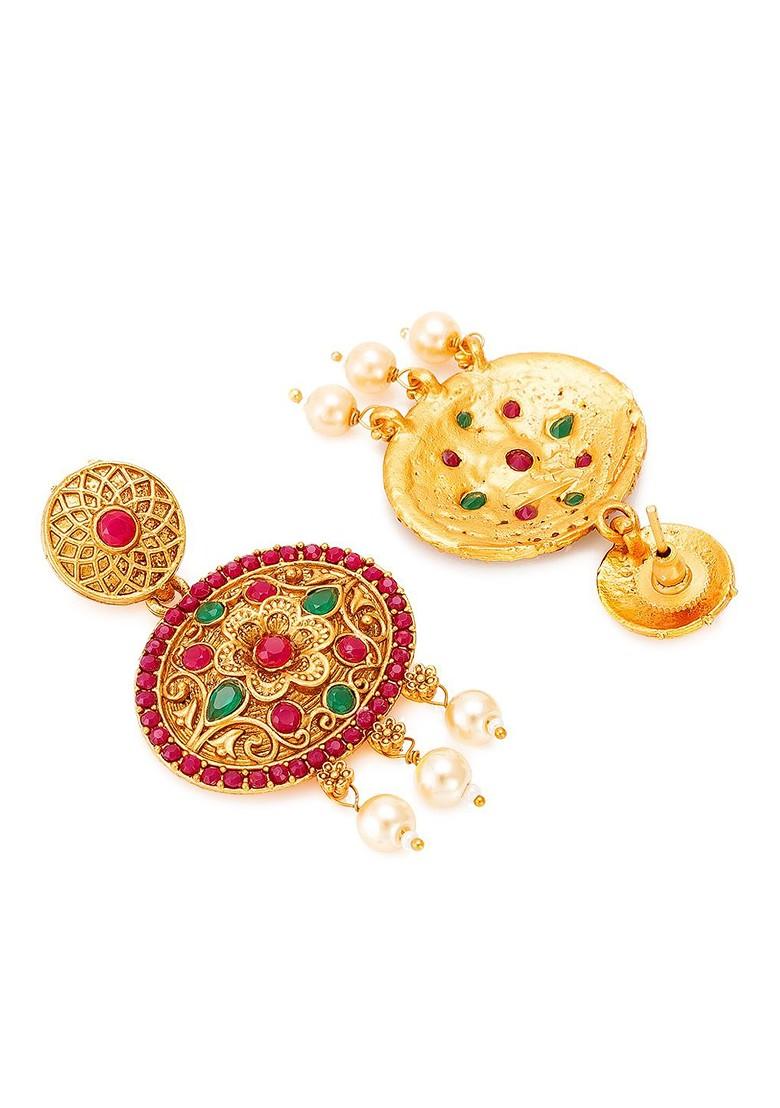 Women Gold Plated Pink And Green Stone Studded Pearls Beaded Temple Jewellery Set