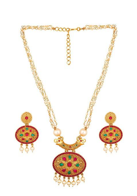 Women Gold Plated Pink And Green Stone Studded Pearls Beaded Temple Jewellery Set