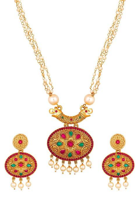 Women Gold Plated Pink And Green Stone Studded Pearls Beaded Temple Jewellery Set