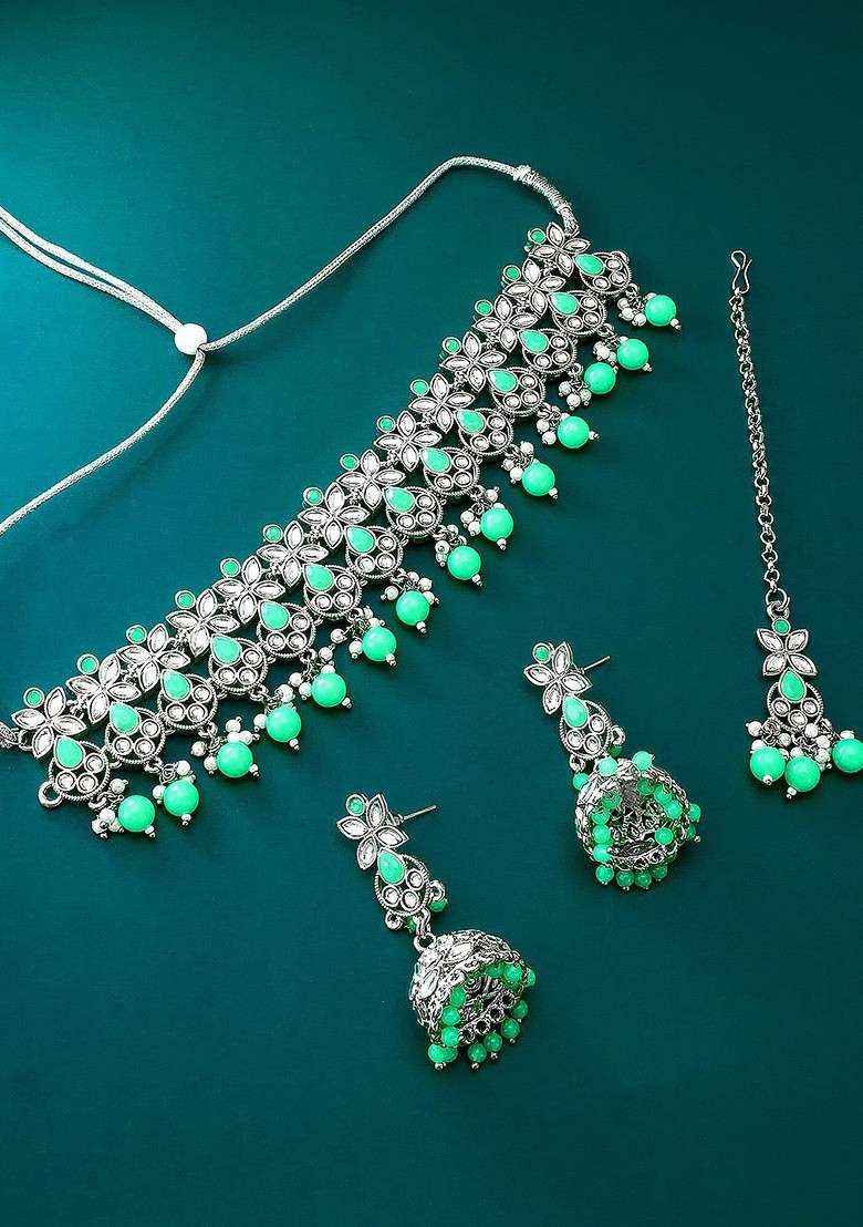 Silver German Oxidised Tribal Silver Pearl And Stones Choker Jewellery Set - Indya