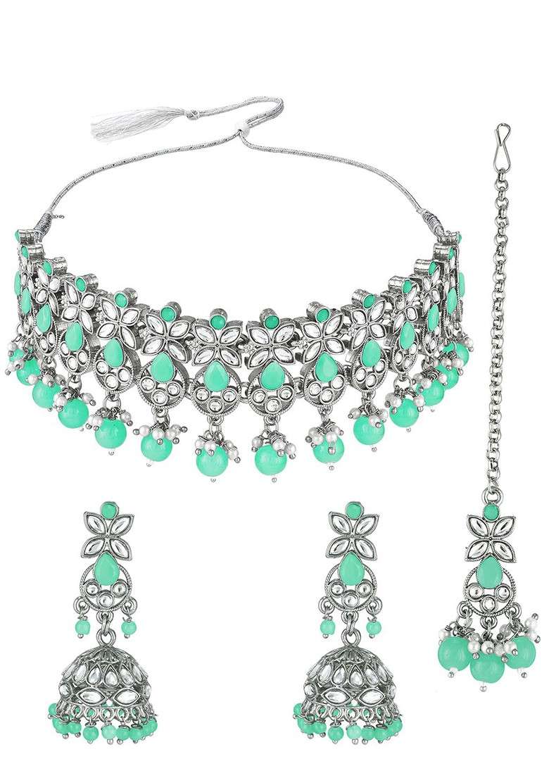 Silver German Oxidised Tribal Silver Pearl And Stones Choker Jewellery Set - Indya