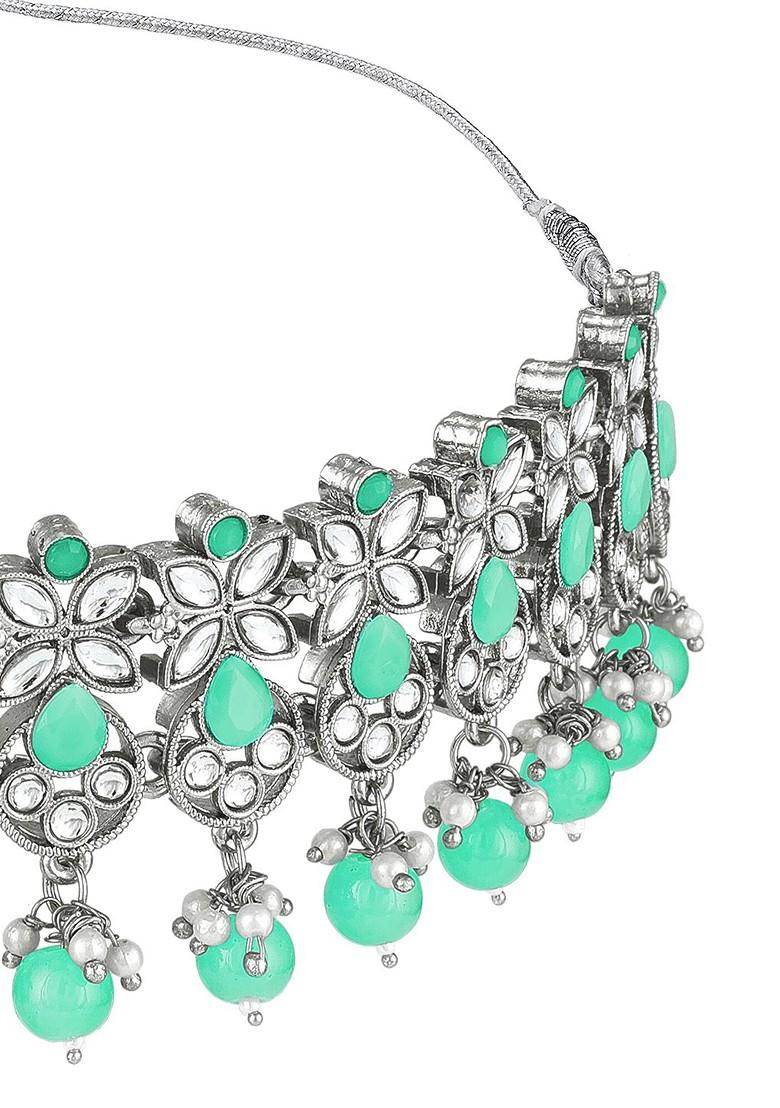 Silver German Oxidised Tribal Silver Pearl And Stones Choker Jewellery Set