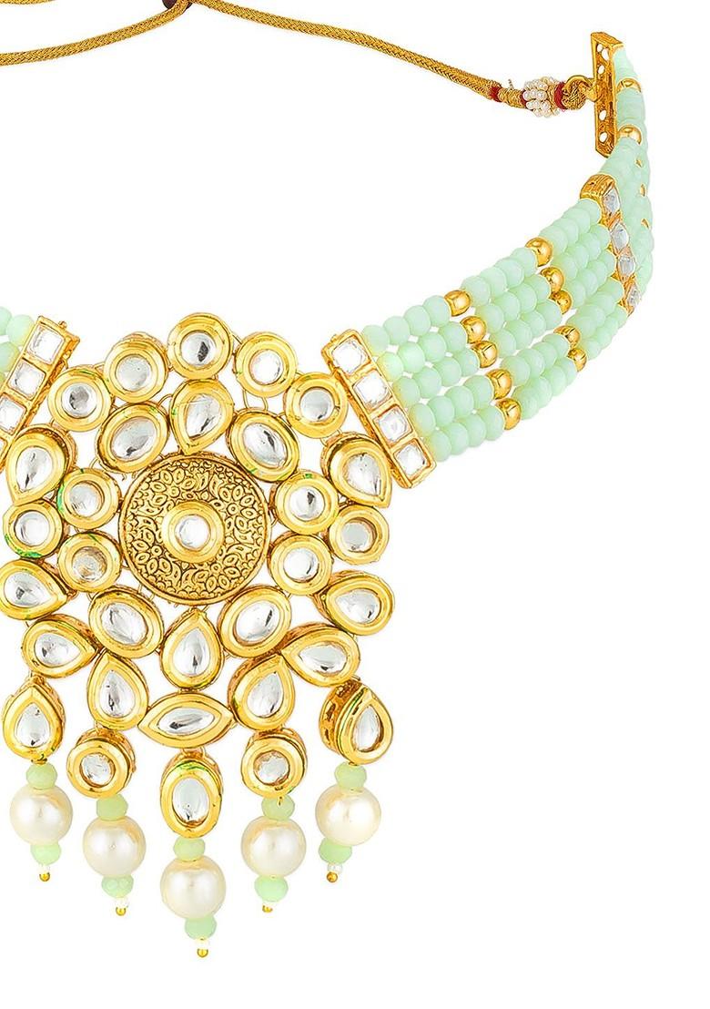 Gold Plated White And Green Kundan Studded Beaded Handcrafted Jewellery Set