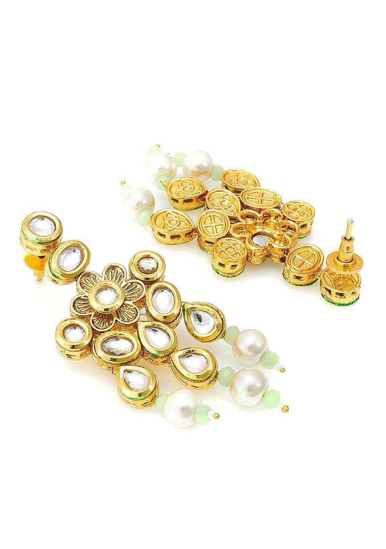 Gold Plated White And Green Kundan Studded Beaded Handcrafted Jewellery Set