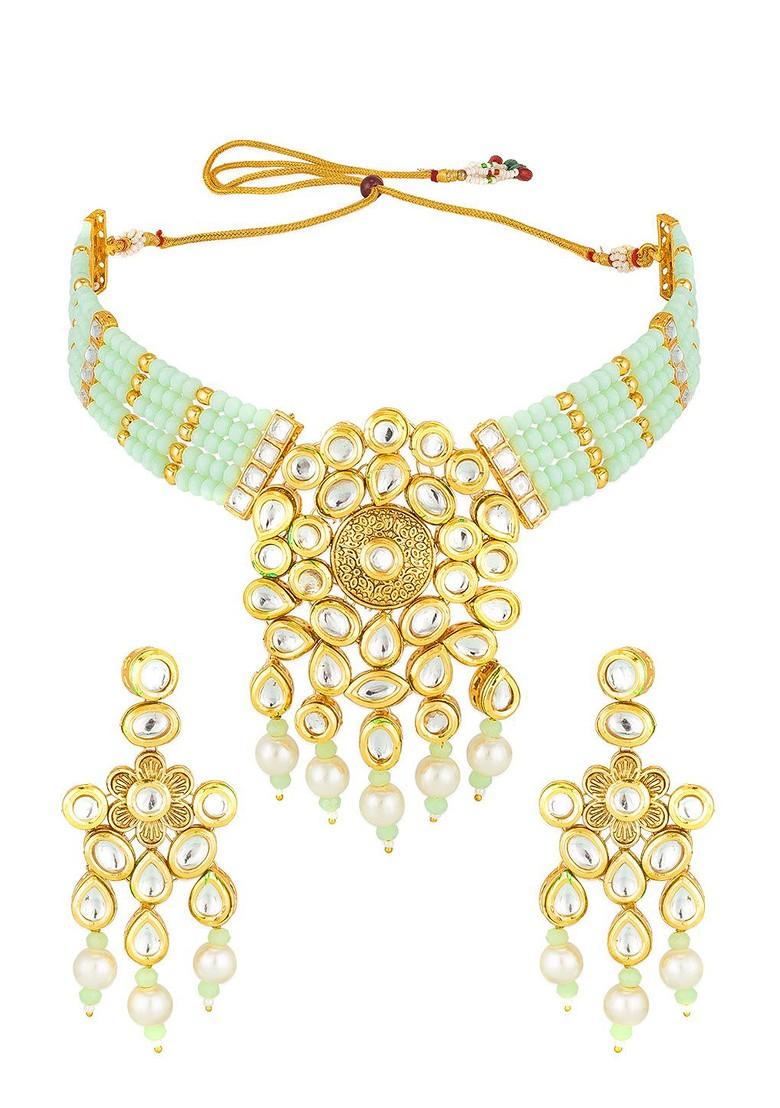 Gold Plated White And Green Kundan Studded Beaded Handcrafted Jewellery Set