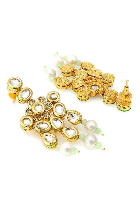 Gold Plated White And Green Kundan Studded Beaded Handcrafted Jewellery Set