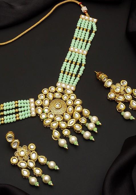Gold Plated White And Green Kundan Studded Beaded Handcrafted Jewellery Set