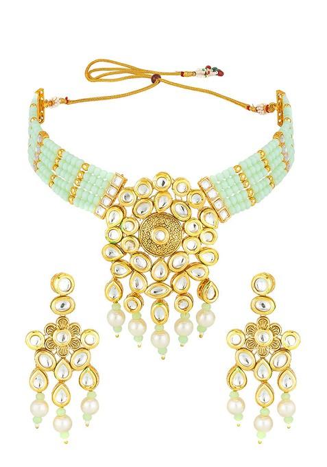 Gold Plated White And Green Kundan Studded Beaded Handcrafted Jewellery Set