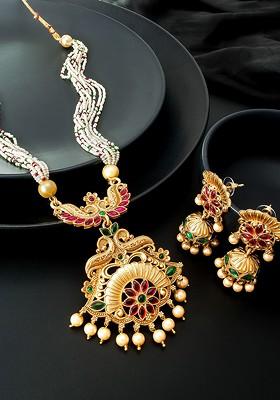 Gold Plated Pink And Green Stone Studded Pearl Beaded Jewellery Set