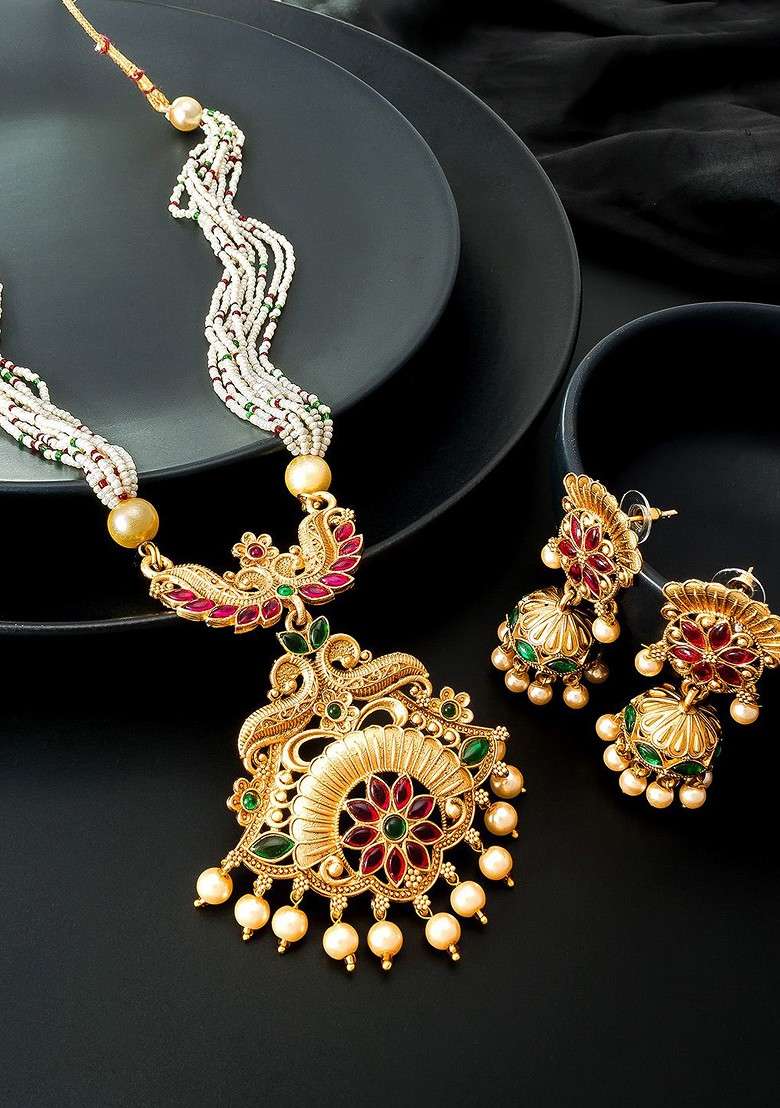 Gold Plated Pink And Green Stone Studded Pearl Beaded Jewellery Set - Indya