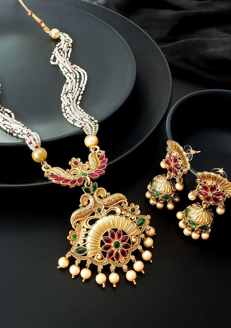 Gold Plated Pink And Green Stone Studded Pearl Beaded Jewellery Set