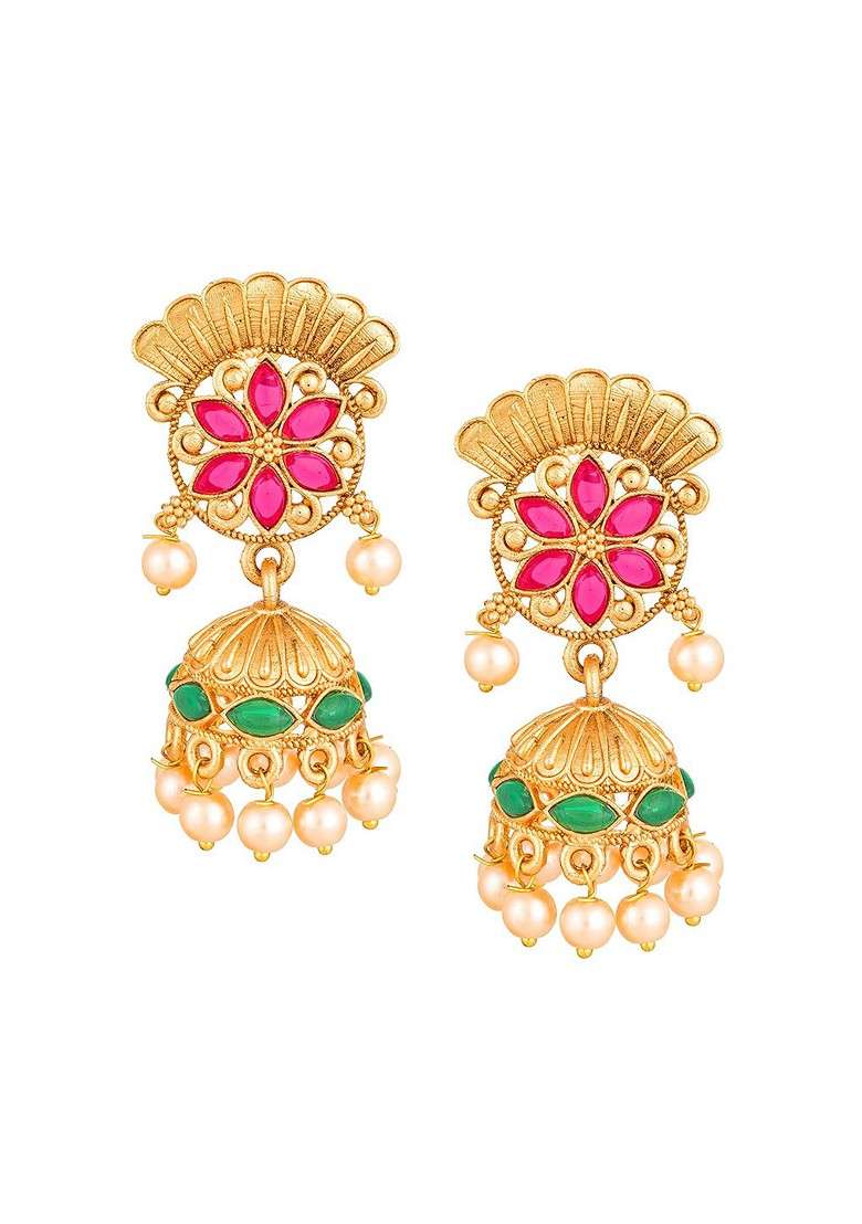Gold Plated Pink And Green Stone Studded Pearl Beaded Jewellery Set - Indya