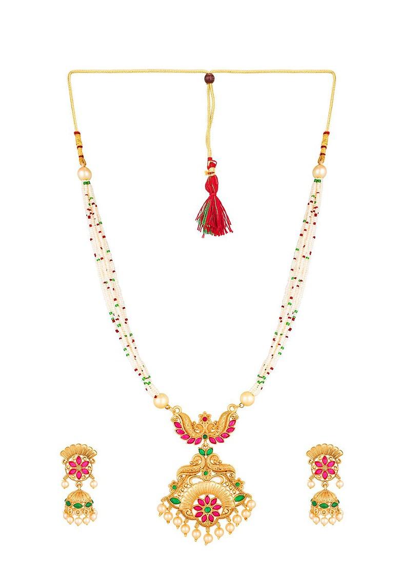 Gold Plated Pink And Green Stone Studded Pearl Beaded Jewellery Set