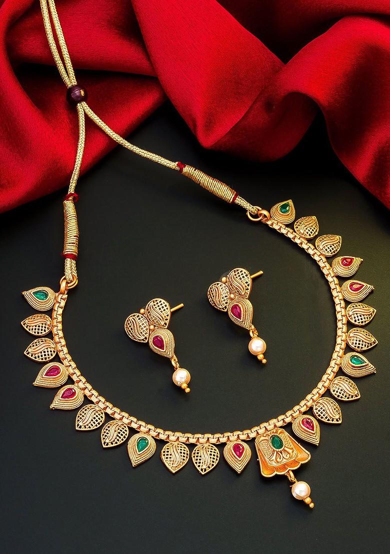 Gold Toned Pink And Green Stone Studded And Beaded Meenakari Jewellery Set