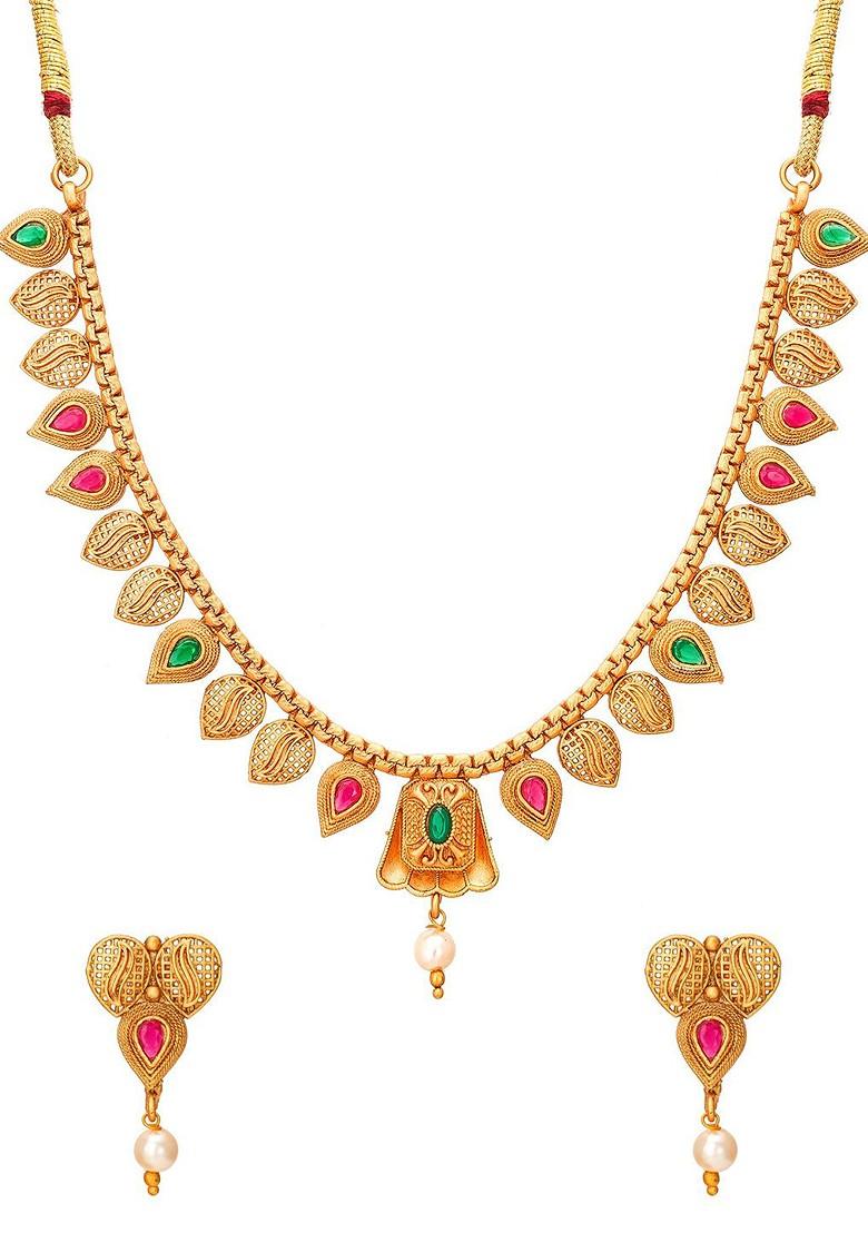Gold Toned Pink And Green Stone Studded And Beaded Meenakari Jewellery Set