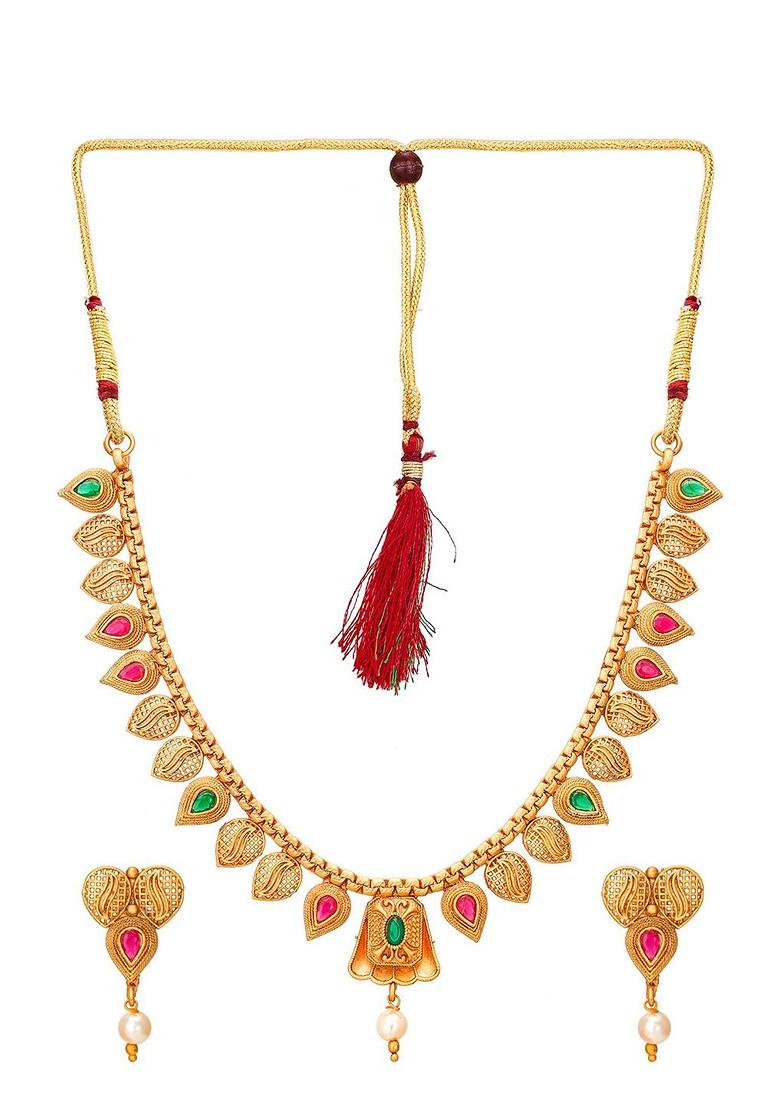 Gold Toned Pink And Green Stone Studded And Beaded Meenakari Jewellery Set