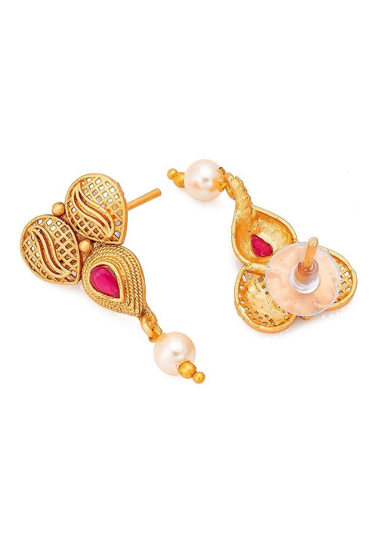 Gold Toned Pink And Green Stone Studded And Beaded Meenakari Jewellery Set