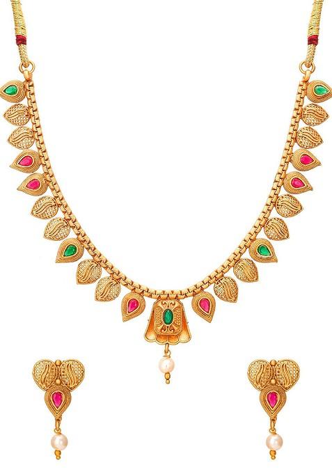 Gold Toned Pink And Green Stone Studded And Beaded Meenakari Jewellery Set