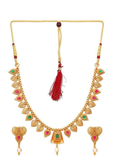 Gold Toned Pink And Green Stone Studded And Beaded Meenakari Jewellery Set