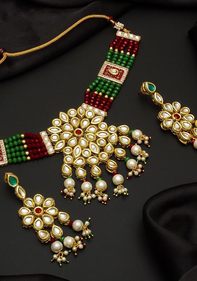 Gold Plated White And Green Kundan Studded And Beaded Handcrafted Jewellery Set