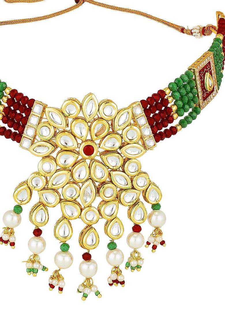 Gold Plated White And Green Kundan Studded And Beaded Handcrafted Jewellery Set