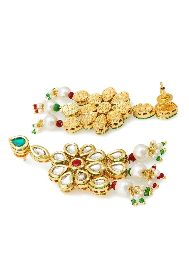 Gold Plated White And Green Kundan Studded And Beaded Handcrafted Jewellery Set