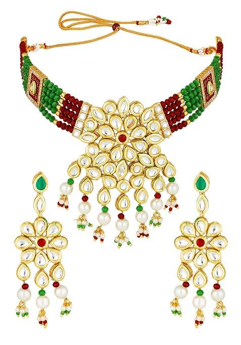 Gold Plated White And Green Kundan Studded And Beaded Handcrafted Jewellery Set