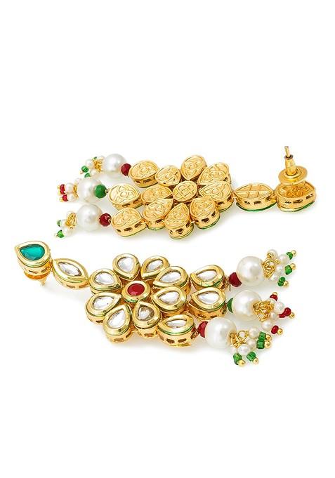 Gold Plated White And Green Kundan Studded And Beaded Handcrafted Jewellery Set
