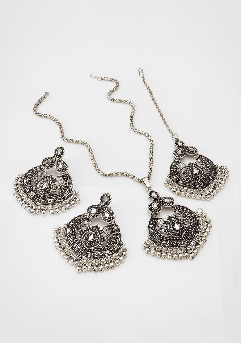 Silver Oxidized Silver Plated Stones Studded Oxidised Choker Jewellery Set