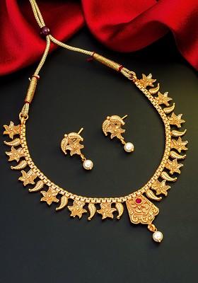 Gold Toned Pink And White Stone Studded And Beaded Meenakari Jewellery Set
