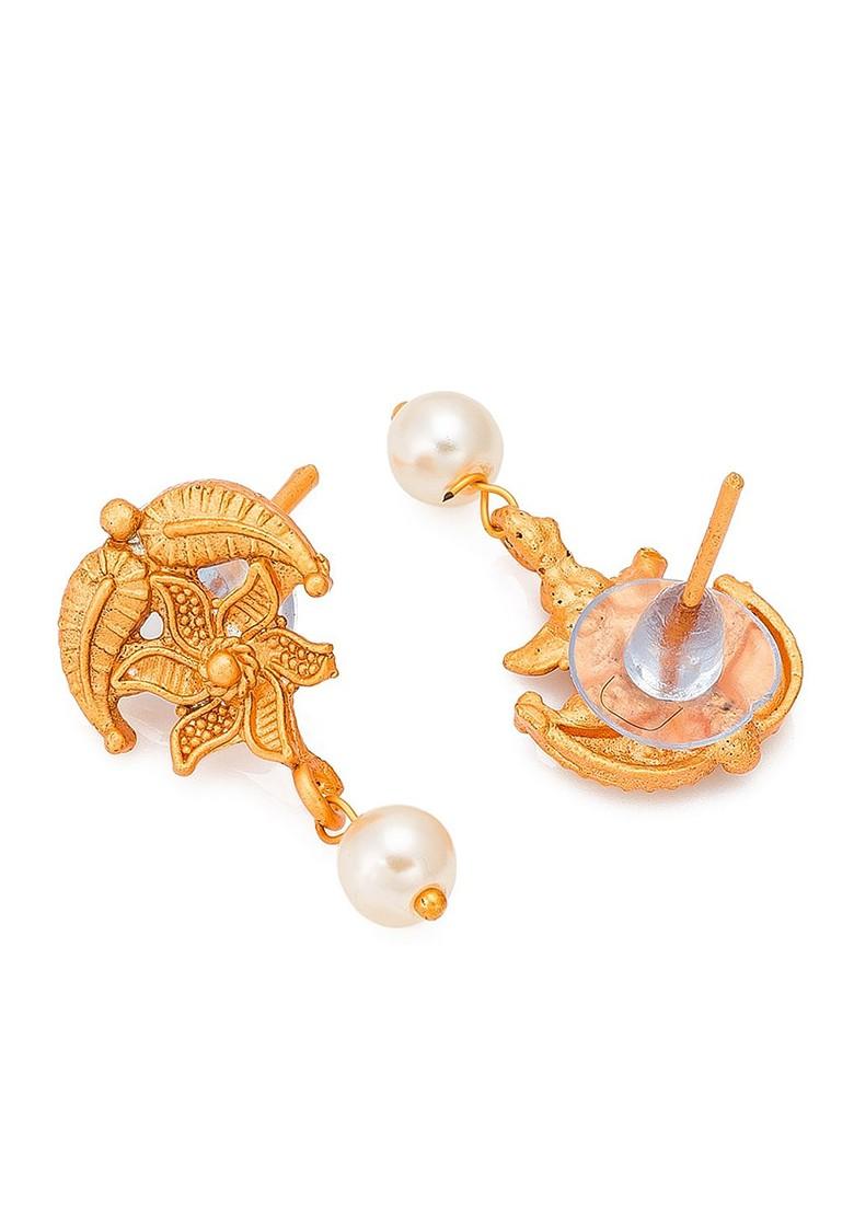 Gold Toned Pink And White Stone Studded And Beaded Meenakari Jewellery Set