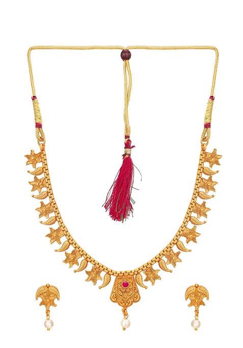 Gold Toned Pink And White Stone Studded And Beaded Meenakari Jewellery Set