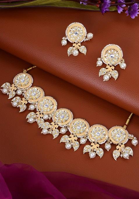 Gold Plated Yellow And White Kundan Studded And Pearl Beaded Handcrafted Jewellery Set
