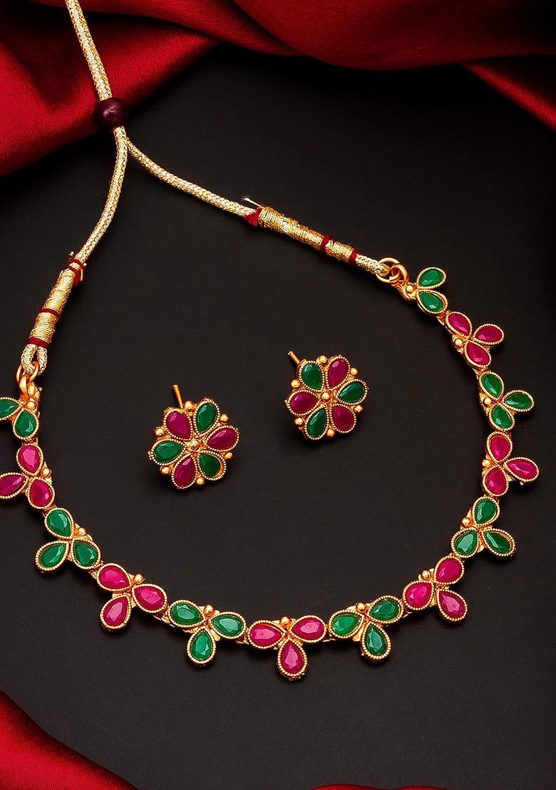 Pink And Gold Toned Stone Studded Meenakari Jewellery Set