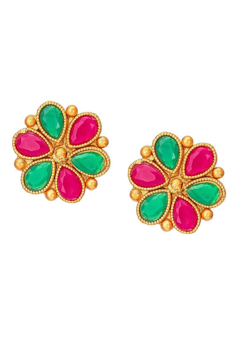 Pink And Gold Toned Stone Studded Meenakari Jewellery Set