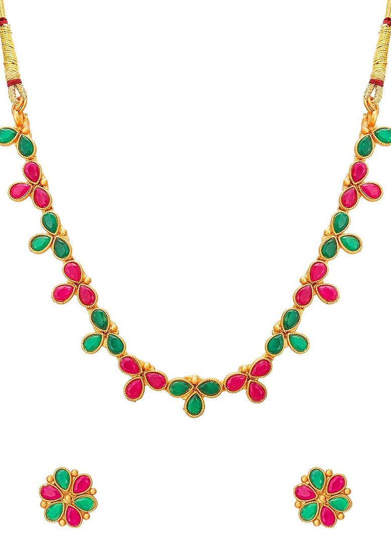 Pink And Gold Toned Stone Studded Meenakari Jewellery Set