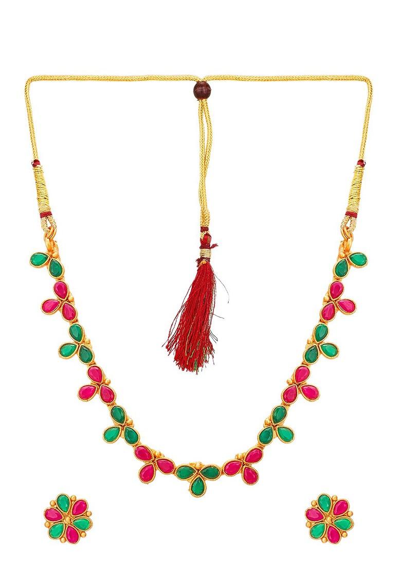 Pink And Gold Toned Stone Studded Meenakari Jewellery Set