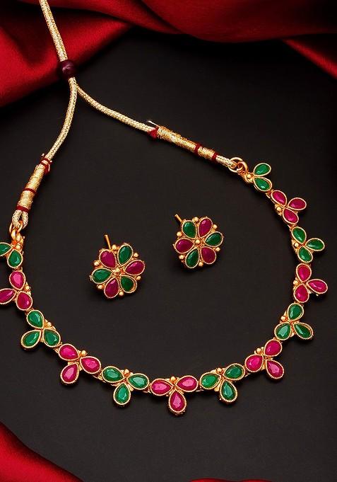Pink And Gold Toned Stone Studded Meenakari Jewellery Set